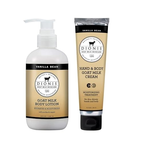 Dionis Goat Milk Skincare Vanilla Bean 8.5oz Hydrating Body Lotion and 3.3oz Hand & Body Moisturizing Travel Size Cream Scented Bundle, Natural Ingredients, Made in the USA, Cruelty Free, Paraben Free
