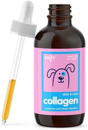 Skin and Coat Supplement for Dogs, Cats | Taily Liquid Collagen for Dogs | Itch Relief for Dogs with Allergies, with Grass Fed Collagen, Biotin, Vitamin C and Hyaluronic Acid | Made in USA