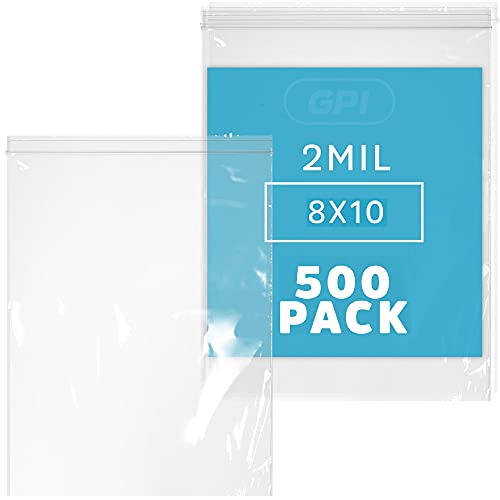 Clear Plastic Reclosable Zip Bags - Bulk GPI Pack of 500 8" X 10" 2 Mil Thick Strong & Durable Poly Baggies with Resealable Zip Top Lock for Travel, Storage, Packaging & Shipping.