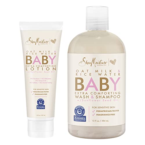 SheaMoisture Baby Wash and Shampoo 21 oz 2 Count - Oat Milk and Rice Water Care with Shea Butter for Sensitive and Dry Skin, Hypoallergenic, Sulfate and Paraben Free, Fragrance Free