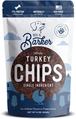 Beg & Barker Turkey Chips for Dogs (8 Ounce, Pack of 1) - Single Ingredient Dog Treats Made for Large & Small Dogs Protein Human Grade Dog Treats Made from Real Meat Turkey, Made in USA