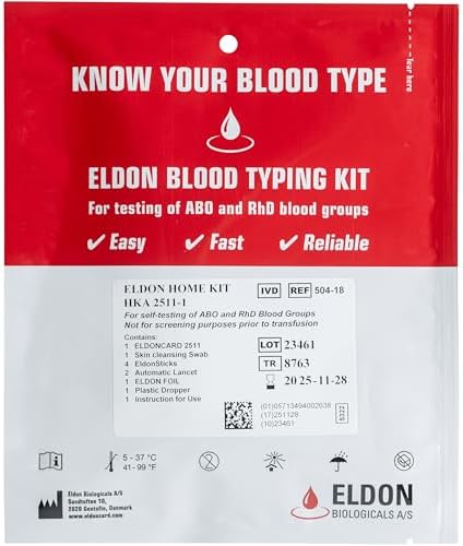 Eldoncard INC Blood Type Test (Complete KIT) - Find Out if You are A, B, O, AB & RH- Results in Minutes - Air Sealed Envelope, Safety Lancet, Micropipette, Cleansing Swab - 1 Pack