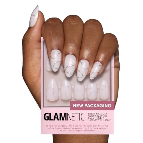 Glamnetic Press On Nails - Silent Night | Short Almond White Nails with 3D Silver Foil in a Glossy Finish | 15 Sizes - 30 Nail Kit with Glue