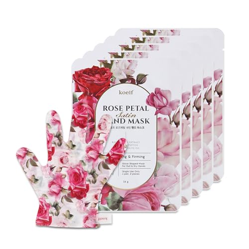 PETITFEE Rose Petal Satin Hand Mask (5pairs) - Intensive Nourishing, Moisturizing Gloves, Rose Scented Hand Repair Masks with Peptide, Collagen, Shea Butter for Silky Smooth Hand, Hand Treatment