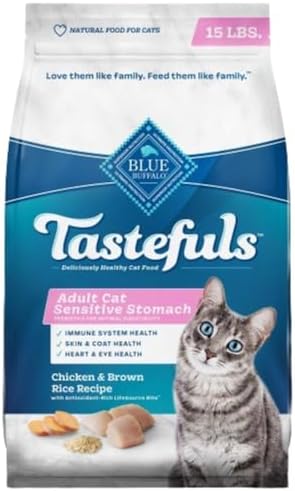 Blue Buffalo Tastefuls Natural Dry Food for Adult Cats, Sensitive Stomach, Chicken & Brown Rice Recipe, 15-lb Bag