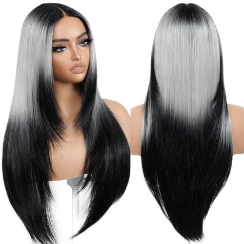 Ombre Sliver Grey Wear and Go Glueless Wigs Pre Plucked Pre Cut for Beginners Synthetic Lace Front Wigs With Bangs Long Straight layered Wigs HD Lace 26 Inch 3 Seconds to Wear for Beginners
