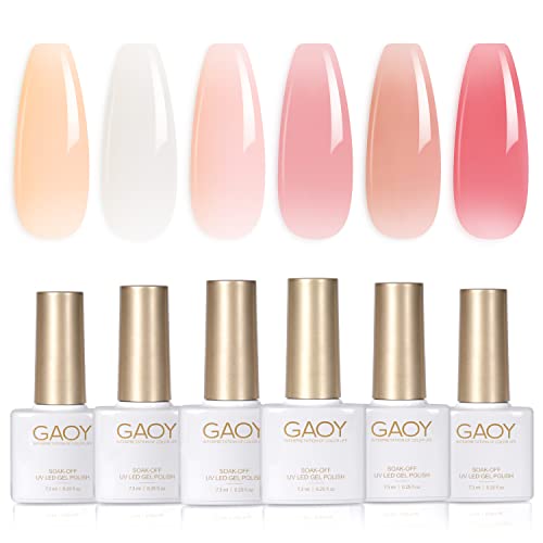 GAOY Milky White x Jelly Nude Gel Nail Polish Set, 6 Transparent Colors Sheer Pink Orange Soak Off UV Light Cure Gel Polish Kit for Salon and Nail Art DIY at Home