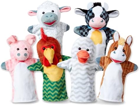 Melissa & Doug Barn Buddies Hand Puppets, Set of 6 (Cow, Sheep, Horse, Duck, Chicken, Pig) , Multicolor