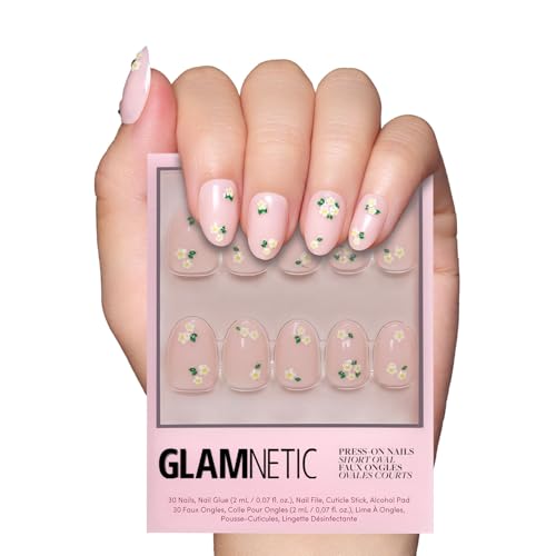 Glamnetic Press On Nails - Petals | Short Oval Nails with Floral Accents, Reusable Stick On Fake Nails with Glue | Love In Bloom Spring Nails | 15 Sizes - 30 Nail Kit with Glue