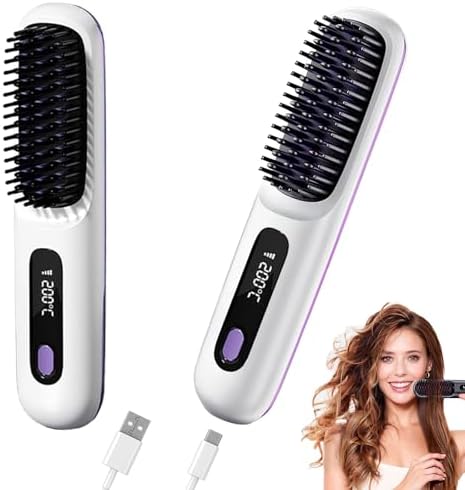 Go Brush Pro Hair Straightener & Curler 2-in-1 – Cordless Comb with Negative Ion, 4000mAh Fast Heating & Portable Travel Design, Rechargeable Brush for Straightening and Curling (1Pcs)
