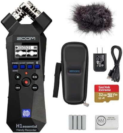 Zoom H1essential 2-Track 32-Bit Float Portable Audio Recorder Bundled with APH-1e Accessory Pack + 32GB Micro-SD Card + AAA Batteries + Cleaning Cloth (5 Items)