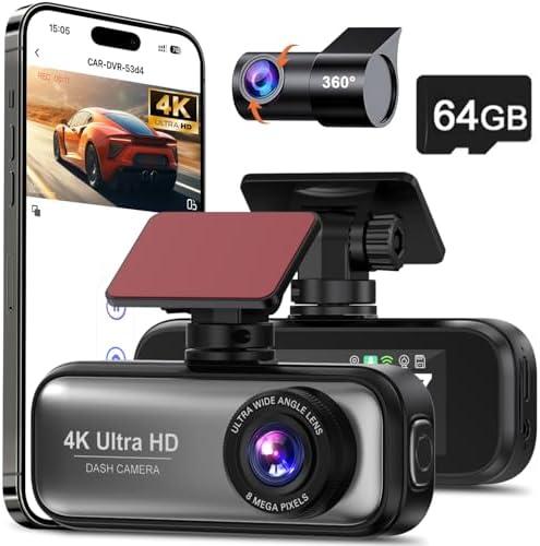 Ultra HD Dash Cam Front and Rear, 4K+1080P Dual Lens Car Camera for Cars, Built-in WiFi, 1.97” IPS Screen, G-Sensor, Loop Recording, Super Night Vision, App Control, 24H Parking Mode, 64GB SD Card