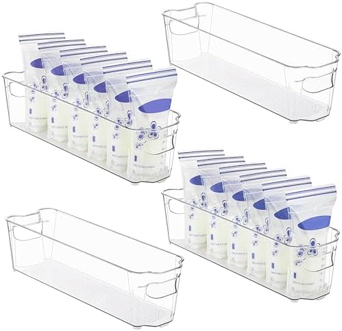 HOOJO Refrigerator Organizer Bins - 4pcs Clear Plastic Bins for Fridge, Kitchen Cabinet, Pantry Organization, ideal BPA Free Freezer Organizers for Storing Breast milk Storage Bags, 14.5" Long-Narrow