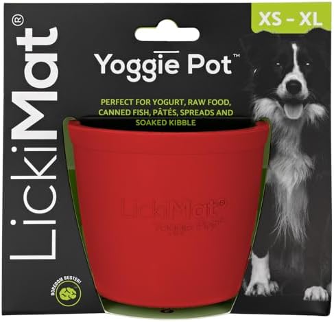LICKIMAT Yoggie Pot - Distraction, Fun and Enrichment. Long Lasting Rubber Licking Treat Dispenser for All Dog Sizes and Slow Feeder for Small Dogs - Red