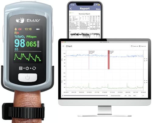 EMAY Sleep Oxygen Monitor with PC Software & App | Bluetooth Pulse Oximeter Rechargeable for Overnight & Continuous SpO2 Tracking with 72 Hours Built-in Memory | Gives Informative Report & Analysis