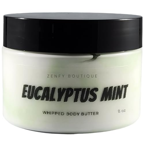 Handmade Whipped Body Butter with Shea Butter, Cocoa Butter, and Jojoba Oil - Luxurious Moisturizer for Silky Smooth Skin - 8oz (Eucalyptus Mint)