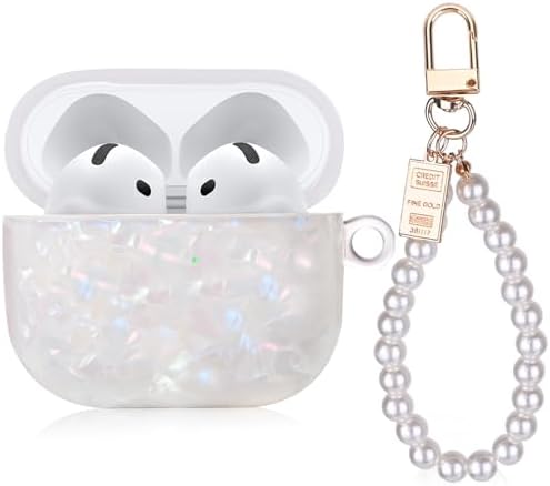 Case for AirPod 4 with Pearl Wrist Chain, Bling Marble Design Hard TPU Cover [Active Noise Cancellation] for AirPods 4th Generation 2024 Released