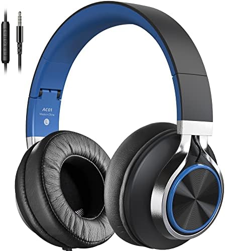AC01 Over-Ear Headphones Wired, Noise Isolating Corded Stereo Headsets with Microphone Volume Control for Adults Teens 3.5mm for Chromebooks, Laptop, Computer, Tablets, Travel (Black Blue)