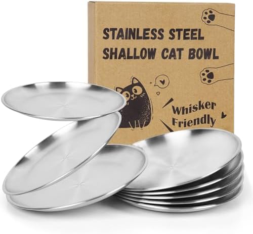 6.7'' Shallow Whisker Friendly Cat Dishes Set, 8 Pcs Stainless Steel Cats Bowls, Wide Metal Food Bowl, Outdoor Kitten Feeding Wet & Dry Food Dish to Prevent Whisker Fatigue (8 Dishes)