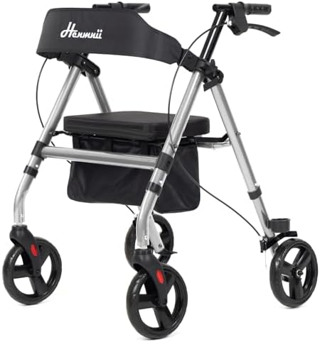 Walker for Seniors, Lightweight Rollator Walker with seat, Foldable Rolling Walker with 8 inch All Terrain Rubber Wheels, Ergonomic Adjustable Handles and Backrest for Seniors and Adult.