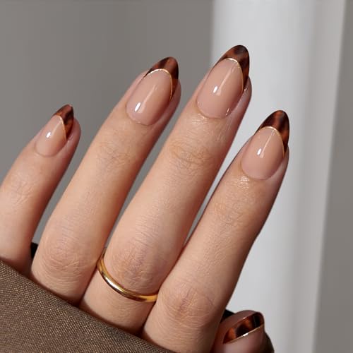 BTArtbox Press On Nails Short Almond - Winter French Tip Press On Nails, Soft Gel Fake Nails Brown, Reusable Glue On Nails with Nail Glue in 16 Sizes, Tortoise Shell