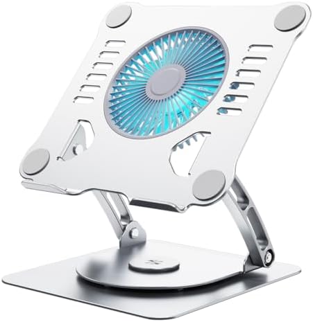 360° Rotating Laptop Cooling Stand with 3 Speed Fan, Adjustable Height Laptop Stand for Desk, Ergonimic Aluminum Laptop Cooling Pad for 10-15'' Notebook - Silver