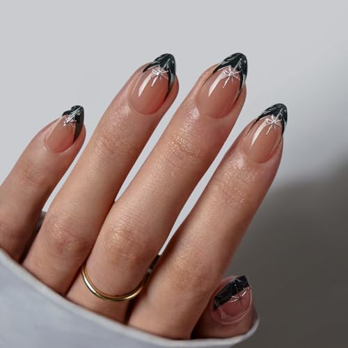 BTArtbox French Tip Press On Nails - Lamp-Curable Short Oval Black Press On Nails with Glue for Women, Semi-Transparent Soft Gel Glue On Nails in 16 Sizes - 32 Stick On Nails Kit, Midnight Spark