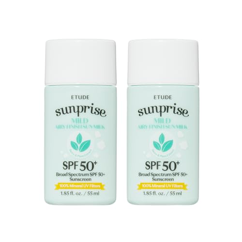 ETUDE 1+1 Sunprise Mild Airy Finish Sun Milk Duo Set (55ml*2) SPF50+ / PA++++ | Sebum-free, Non-Sticky, Long Lasting Protection, 100% Mineral Based Korean Sunscreen, Korean Skin Care, Pefect for Gift