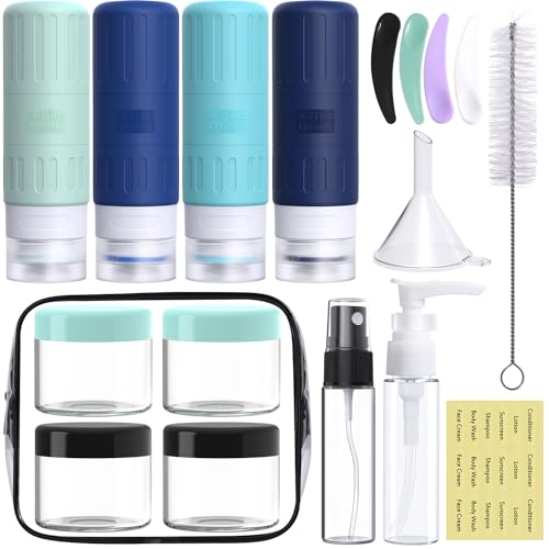 GLAMFIELDS Travel Bottles for Toiletries,TSA Approved 3.3oz Size LeakProof Silicone Toiletry Containers for Shampoo, Conditioner,Easy to Squeeze，Portable Travel Essentials for Lotion(18 Pack) Blue