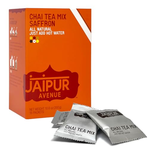 Jaipur Avenue Safron Chai Tea Mix Crafted with All-Natural Assam Black Tea, Safron, Cane Sugar, and Premium Dry Milk - Preservative-Free, Gluten-Free, Authentic Indian Chai Tea Latte (15 Servings)