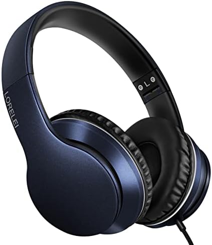 LORELEI X6 Over-Ear Headphones with Microphone, Lightweight Foldable & Portable Stereo Bass Headphones with 1.45M No-Tangle, Wired Headphones for Smartphone Tablet MP3 / 4 (Dark Blue)