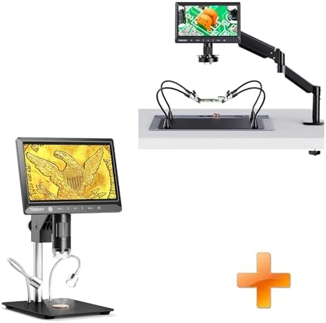 TOMLOV DM702 Flex-S 10.1" Digital Microscope with Soldering Helping Hands Station, Adults Coin Magnifying Glass with Flexible Boom Arm & Ring Light+DM702