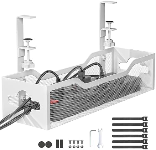 Litwaro Under Desk Cable Management Tray White, Cable Management Under Desk No Drill, Desk Cable Organizer with Clamp for Desk Cord Organizer, Desk Wire Management for Office, Home No Damage to Desk