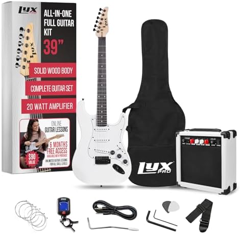LyxPro 39 inch Electric Guitar Kit Bundle with 20w Amplifier, All Accessories, Digital Clip On Tuner, Six Strings, Two Picks, Tremolo Bar, Shoulder Strap, Case Bag Starter kit Full Size - White