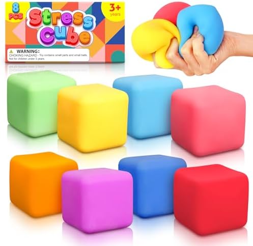 Slow Rising Stress Cube 8 Pack: Stretchy Fidget Toys for Anxiety Relief, Pull Stretch Squishy Toys for Students, Classroom Prize Box Toys, Quiet Fidgets for Classroom (2 Inches)