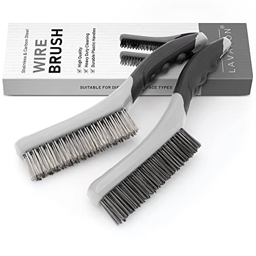 Wire Brush Set-Heavy Duty Stainless & Carbon Steel Bristles with Plastic Handle Grip for Rust, Wielding Slag, Dirt & Paint Scrubbing with Deep Cleaning – 10 Inches (Pack of 2-Gray)