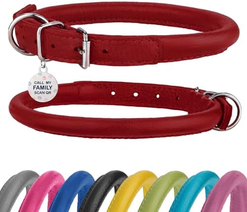 Rolled Leather Dog Collar Soft Round Collars, ID Tag for Small Medium Large Dogs (11-14 inch, Imperial Red)