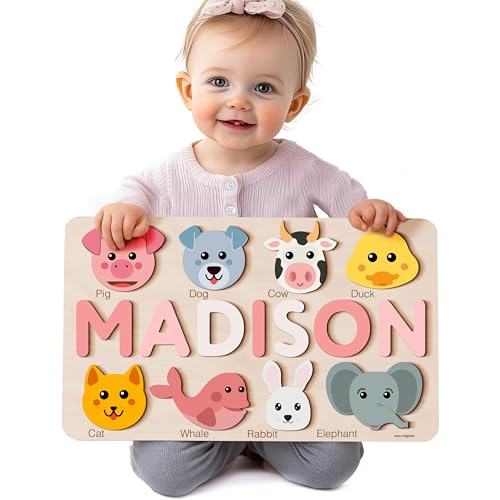 Personalize Name Puzzle for Toddlers with Animals, Baby Gift for Girls and Boys 0 1 2 3 Year Old, Personalized Puzzle for Kids, 1 Year Old Girl and Boy Kid Gifts, Customized Baby Gift, Montessori Educational Name Toy, Wood Puzzle 1-3