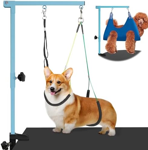 Dog Grooming Arm with Pet Grooming Hammock, 35" Pet Grooming Table Arm with Adjustable No Sit Haunch Holders, Dog Grooming Stand with Loop Noose for Small and Medium Pets, Blue