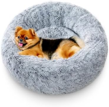 Calming Dog Bed for Small Dogs, Anti-Anxiety Donut Small Puppy Bed Washable, Fluffy Plush Faux Fur Large Cat Bed, Fits up to 25 lbs Pets (Dark Grey, 23")