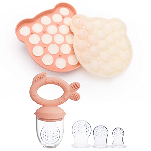 Baby Fruit Feeder & Babies Food Freezer Trays with Lid, Pacifier Feeder, Silicone Food Molds Trays for Homemade Baby Food, Frozen Breast Milk Cube, BPA Free Pink