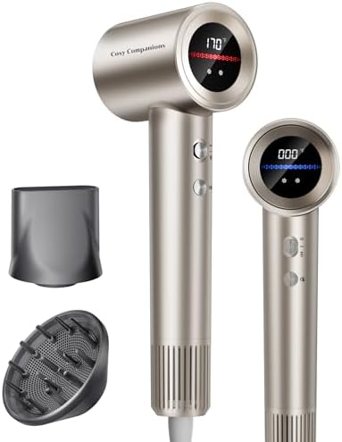 Hair Dryer, 150000RPM High-Speed Hairdryer for Fast Drying, Low Noise, HD Display, 5 Temps & 2 Speeds, 500 Million Negative Ionic Blow Dryer with Diffuser & Nozzle, Gold (Light Gold)