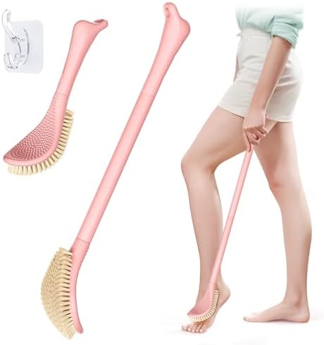 New Foot Brush for Shower, 3-in-1 Foot Scrubber for Wet or Dry Brush, Adjustable 10.2’’- 27.5’’Foot Scrub Brush for Seniors, Pregnant, Disabled, or Injured, Gift-Box Packaged(Pink)