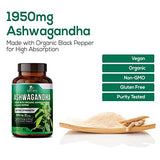 NATURE'S NUTRITION Organic Ashwagandha Capsules 1950mg Supplement w/ Black Pepper Root Powder 60 Capsules