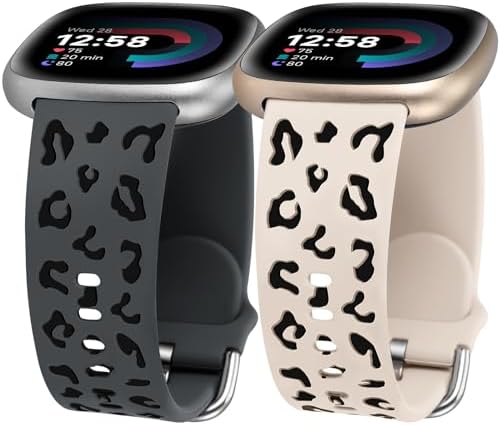 Minyee 2 Pack Leopard Engraved Band Compatible with Fitbit Versa 4/Versa 3/Sense 2/Sense Band Women, Two-Tone Cheetah Soft Silicone Sport Designer Fancy Summer Replacement Wristband Strap for Versa 4