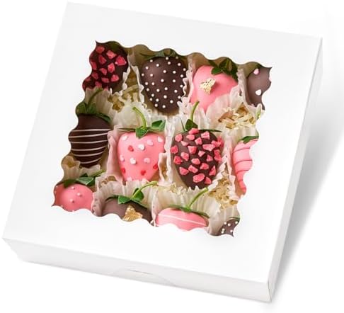 Kucoele 20 PCS Pie Boxes, 8 x 8 x 2.5 Inches Bakery Boxes with Window, Auto-Popup Cookie Boxes White Treat Boxes for Chocolate Strawberries, Pastries, Muffins, Donuts
