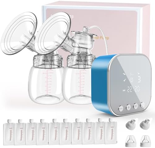 Double Electric Breast Pump, Portable Breast Milk Pump with 4 Modes 9 Levels, 10 Breastmilk Storage Bags, Anti-Backflow, Pain Free Breast Pump Electric LED Display BPA Free (Blue)
