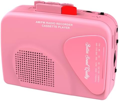 Walkman Cassette Players Recorders AM/FM Radio, Portable Tape Player Records to Tape Built in Speakers Manual Record - 2AA Battery Or DC 5V Supply with 3.5MM Earphone- Pink