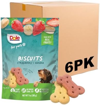 Dole for Pets - Freshly Fetched Banana & Strawberry Dog Biscuits | Real Fruit Flavor | Vegan Crunchy Snacks | No Wheat, Corn, Soy or Artificial Additives, 7 Ounce - 6 Pack