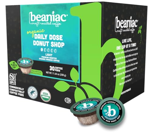 beaniac Organic Daily Dose Donut Shop, Light Roast, Single Serve Compostable K Cup Coffee Pods, Organic Arabica Coffee, Keurig Brewer Compatible, 30 Count